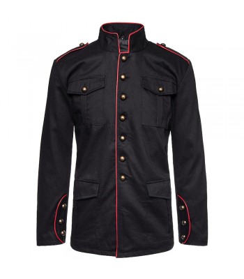 Handmade Men Military Coat Red Piping Jacket Black Gothic Steampunk Vtg Solid 100% Cotton Coat